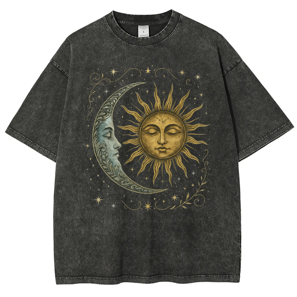 Boho Celestial Moon and Radiant Sun Spiritual Washed T-shirt