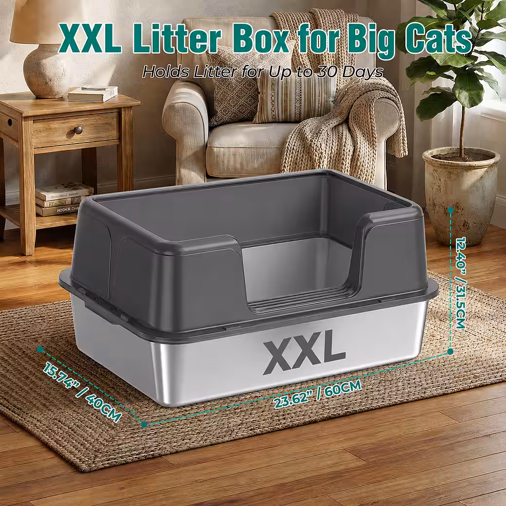 Katzentoilette Katzenklo Edelstahl xxl, Halb-Offen Katzentoilette Hoher Rand mit Sieb