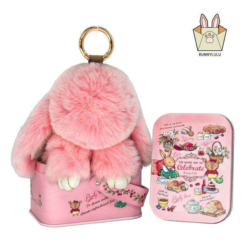 【BunnyLulu】Handmade Bunny PomPom Keychain with Designed Tin Box, Easter Birthday Gift, Charm Accessory for Anxiety Relief