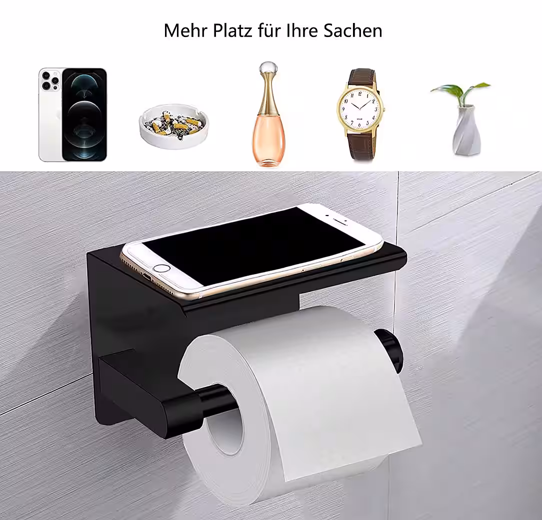 Toilettenpapierhalter ohne Bohren mit Ablage, selbstklebend für Bad & Küche
