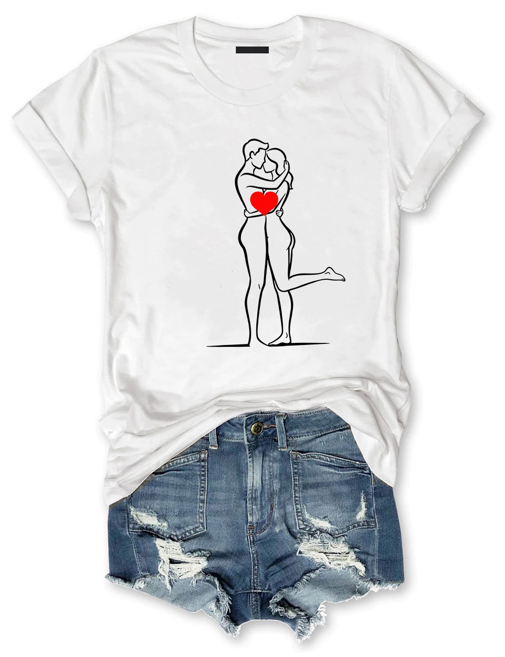 Minimalist Couple Hug Line Funny T-Shirt