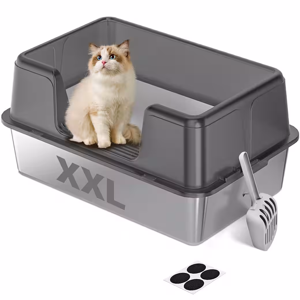 Katzentoilette Katzenklo Edelstahl xxl, Halb-Offen Katzentoilette Hoher Rand mit Sieb