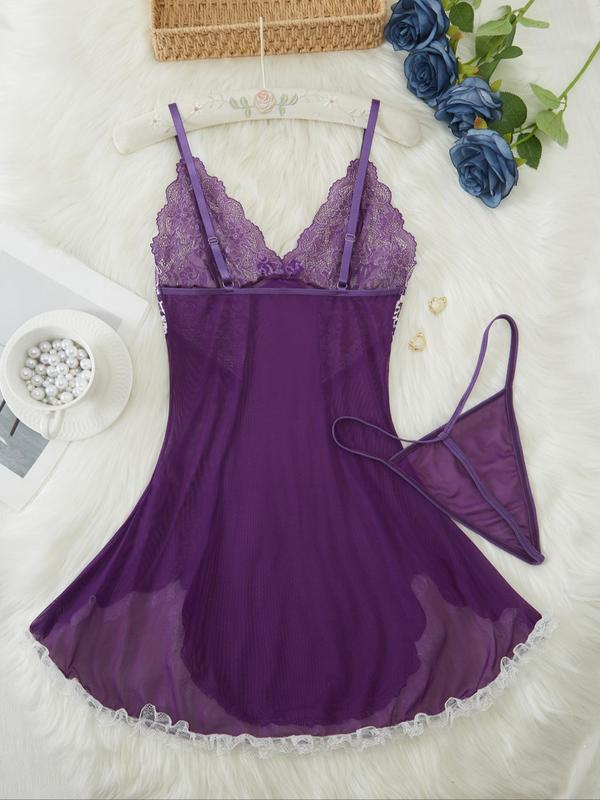 Women's Contrast Lace Bow Decor Cami Nightdress with Thong