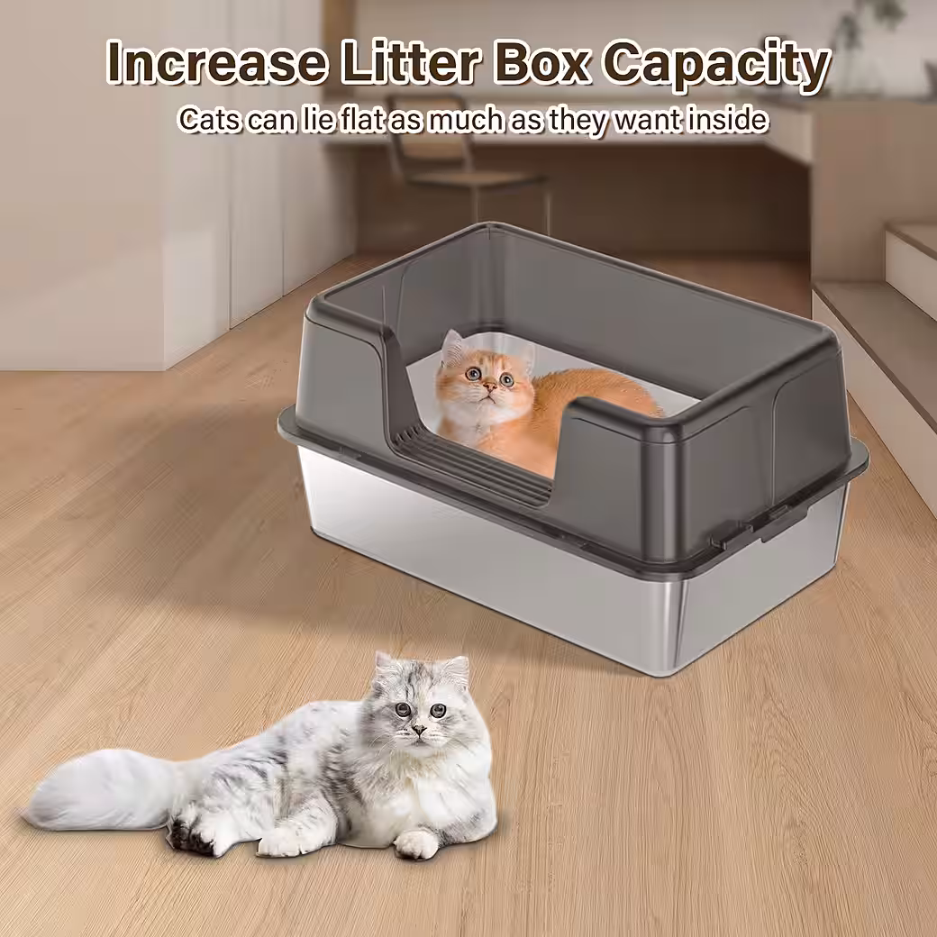 Katzentoilette Katzenklo Edelstahl xxl, Halb-Offen Katzentoilette Hoher Rand mit Sieb