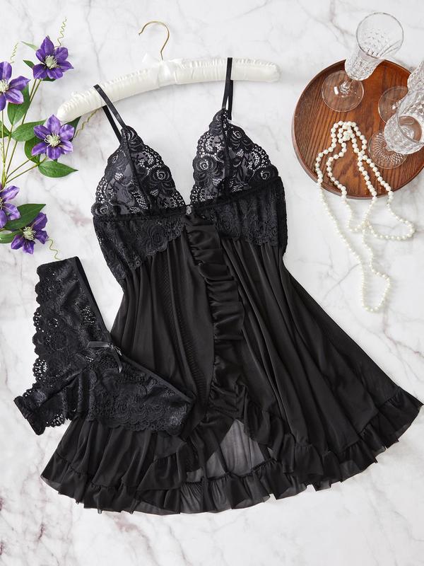 Ladies' sexy ruffle trim Cami nightdress & Bow decor panty set