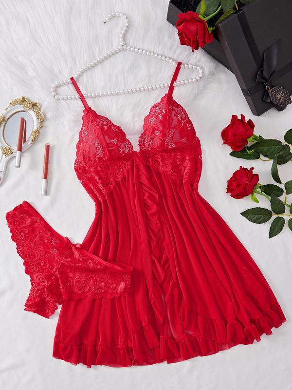 Ladies' sexy ruffle trim Cami nightdress & Bow decor panty set