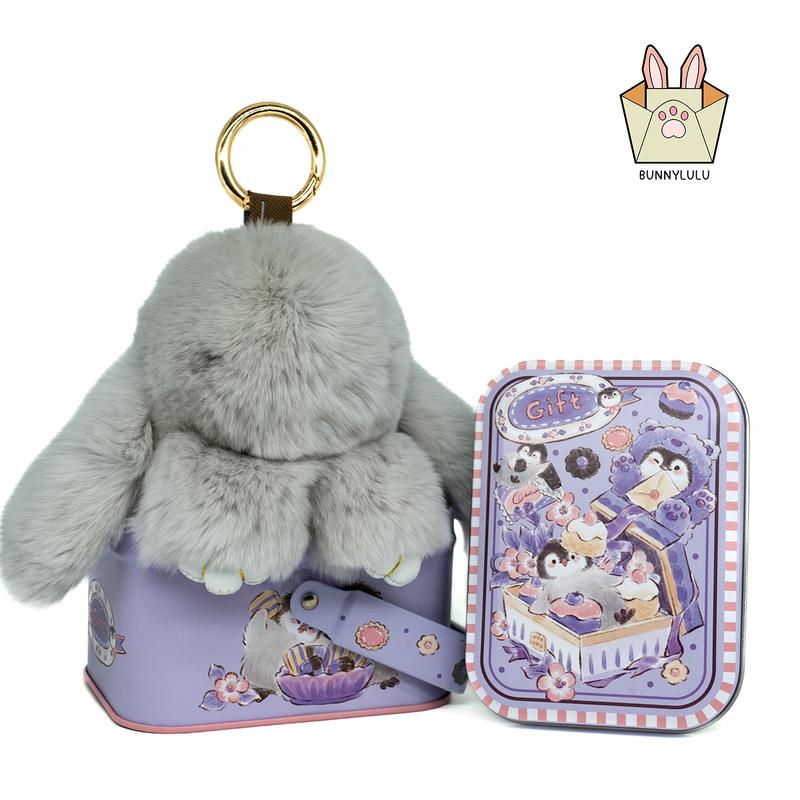 【BunnyLulu】Handmade Bunny PomPom Keychain with Designed Tin Box, Easter Birthday Gift, Charm Accessory for Anxiety Relief
