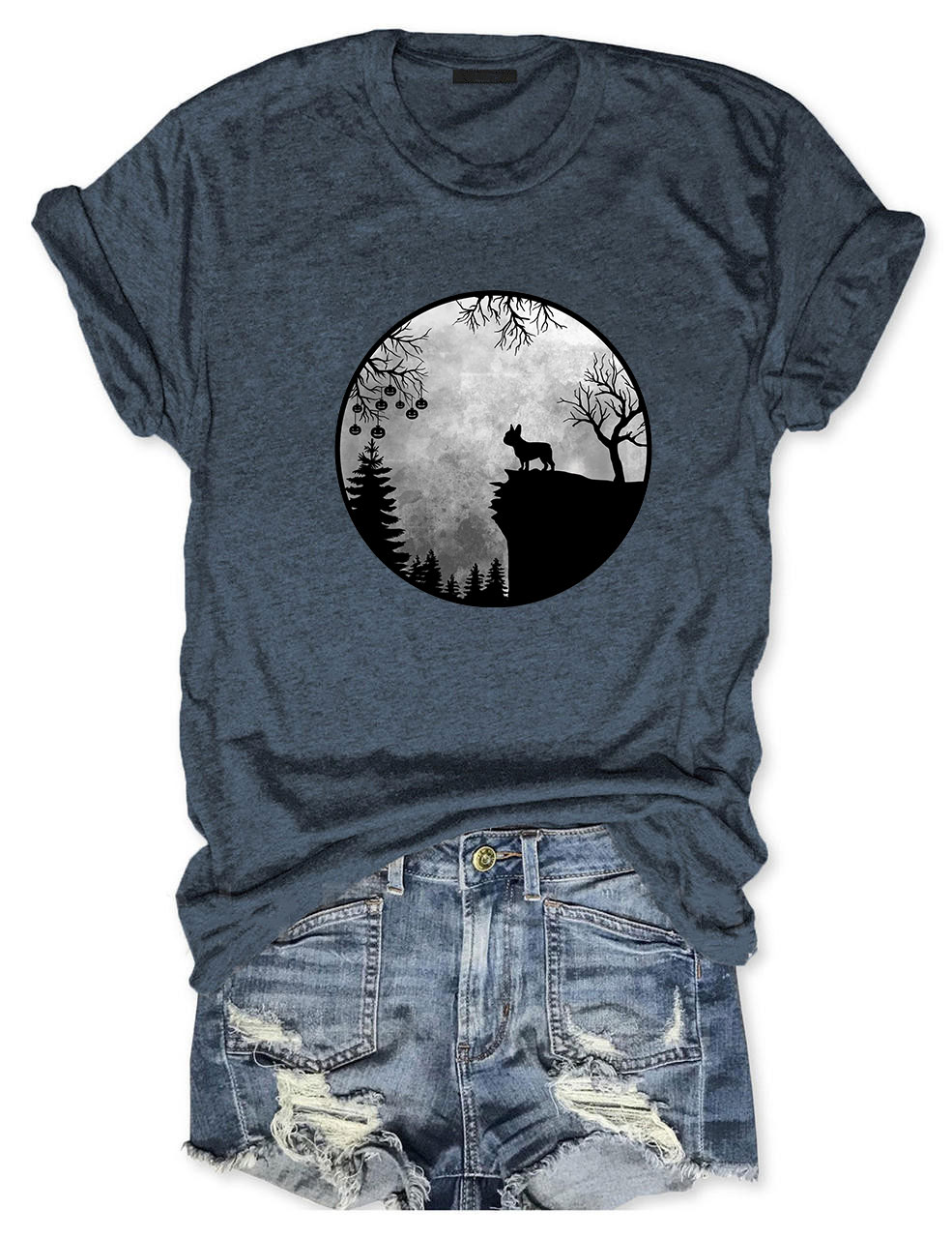 Moon Halloween Spooky Frenchie Dog Funny T-shirt