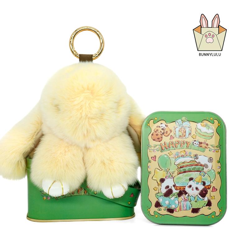 【BunnyLulu】Handmade Bunny PomPom Keychain with Designed Tin Box, Easter Birthday Gift, Charm Accessory for Anxiety Relief