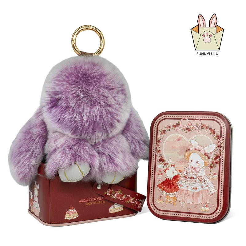 【BunnyLulu】Handmade Bunny PomPom Keychain with Designed Tin Box, Easter Birthday Gift, Charm Accessory for Anxiety Relief