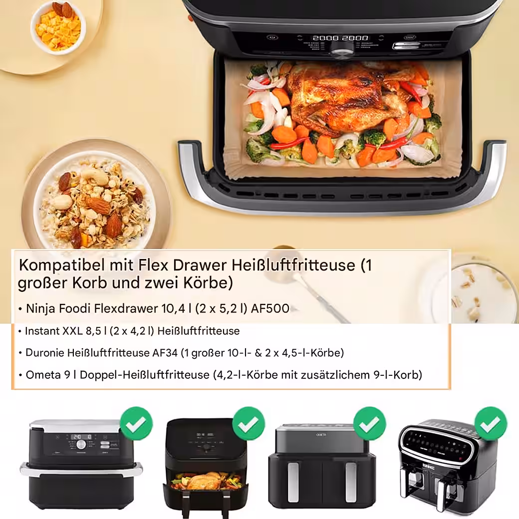 Backpapier für Heißluftfritteuse Ninja Foodi Flexdrawer AF500EU, 180 St.