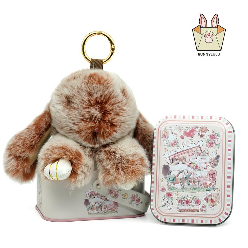 【BunnyLulu】Handmade Bunny PomPom Keychain with Designed Tin Box, Easter Birthday Gift, Charm Accessory for Anxiety Relief