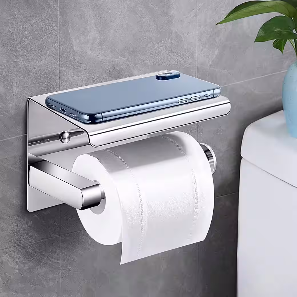 Toilettenpapierhalter ohne Bohren mit Ablage, selbstklebend für Bad & Küche