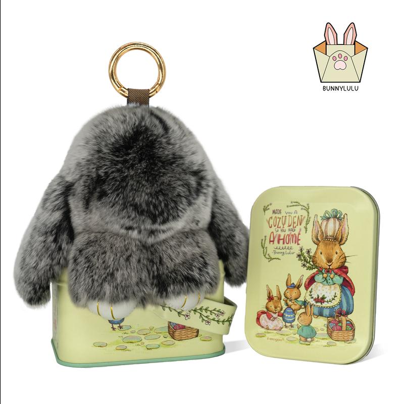 【BunnyLulu】Handmade Bunny PomPom Keychain with Designed Tin Box, Easter Birthday Gift, Charm Accessory for Anxiety Relief