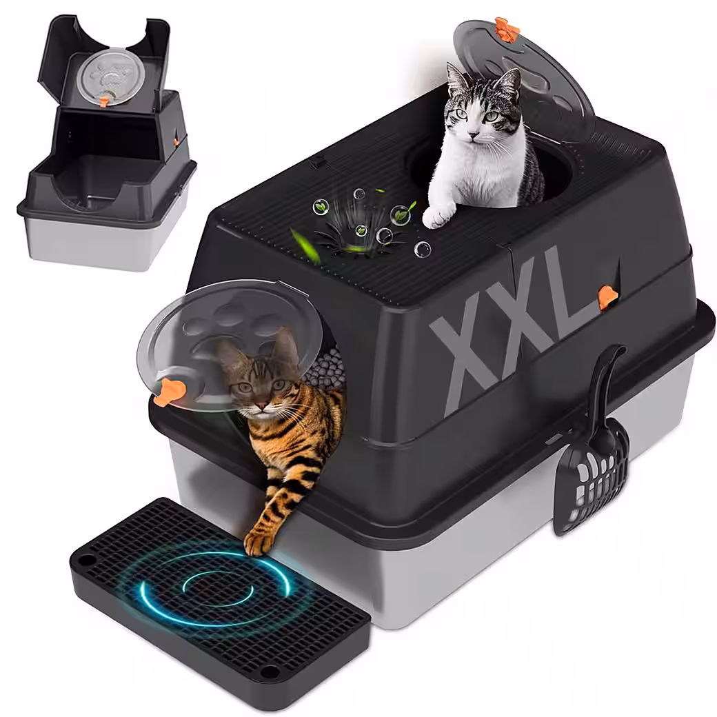 Katzentoilette Katzenklo Edelstahl mit Deckel, XXL Großes Katzentoilette mit Schaufel
