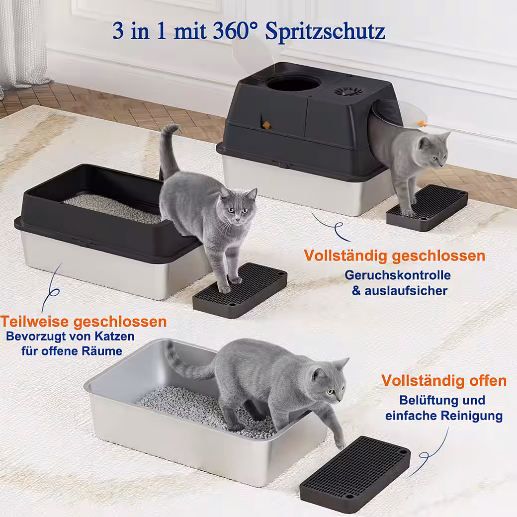Katzentoilette Katzenklo Edelstahl mit Deckel, XXL Großes Katzentoilette mit Schaufel