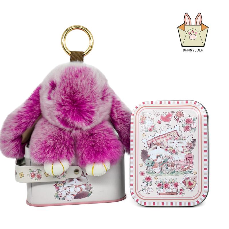 【BunnyLulu】Handmade Bunny PomPom Keychain with Designed Tin Box, Easter Birthday Gift, Charm Accessory for Anxiety Relief
