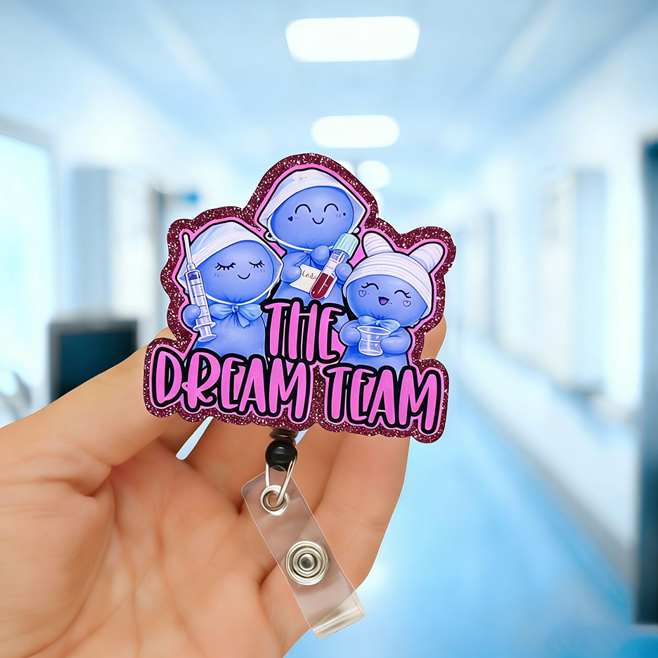 Glitter The Dream Team Balloon Glove Badge Reel