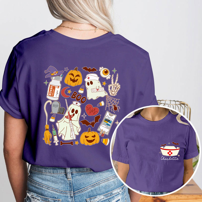 Personalized Name Halloween Boo Nurse Two Sided T-Shirt
