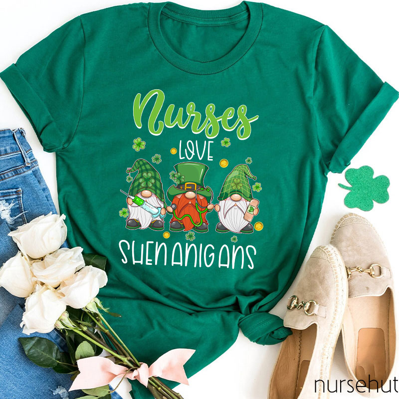 Nurses Love Shenanigans Leprechaun Gnome Nurse T-Shirt