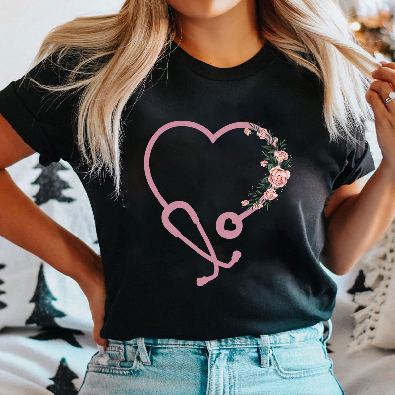 Romantic Rose Stethoscope Nurse T-Shirt