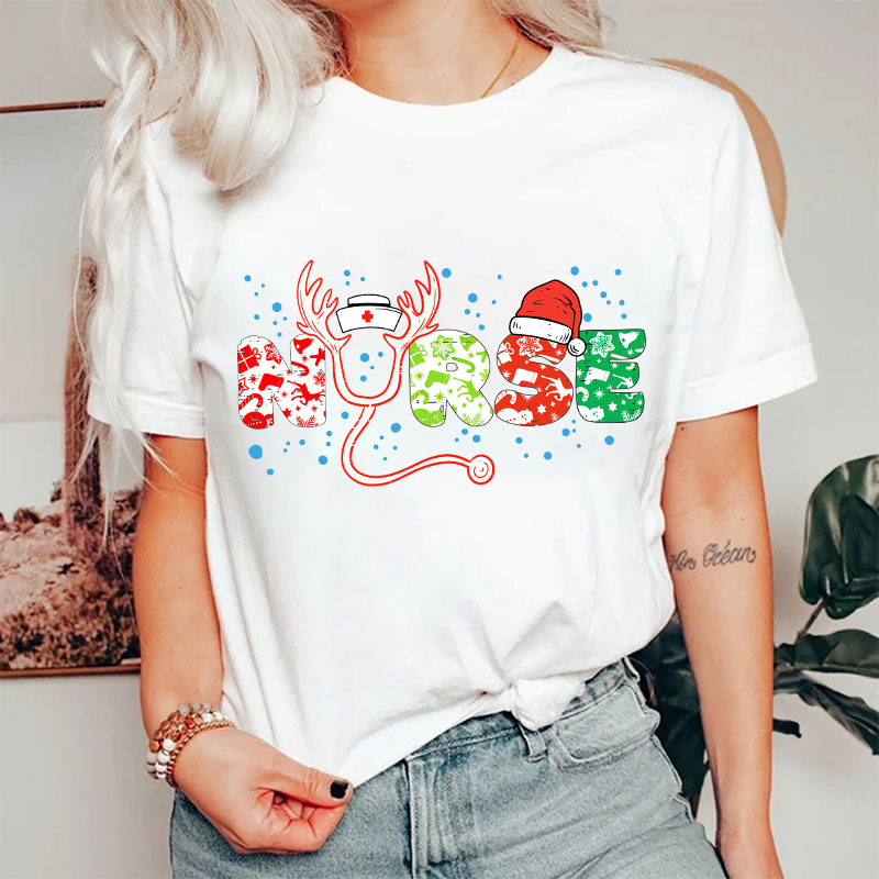Christmas Icons Letters Reindeer Horns Nurse T-Shirt