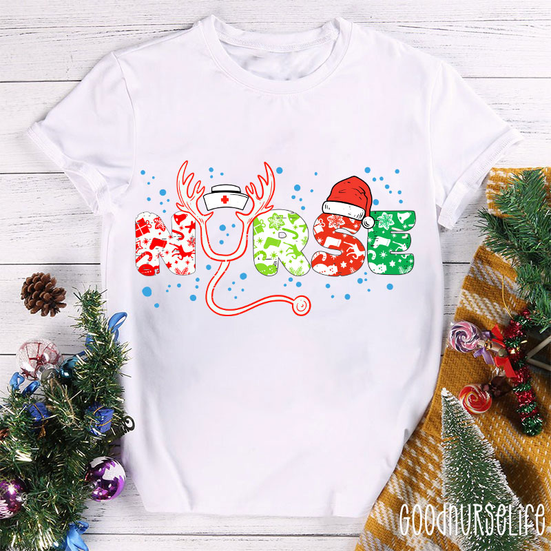 Christmas Icons Letters Reindeer Horns Nurse T-Shirt