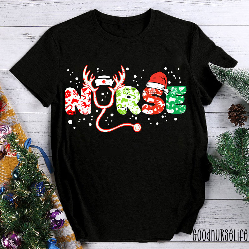 Christmas Icons Letters Reindeer Horns Nurse T-Shirt