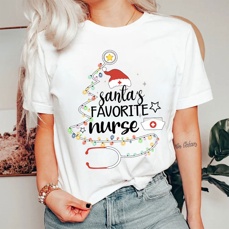 Santa's Favorite Nurse Colored Lights Nurse T-Shirt
