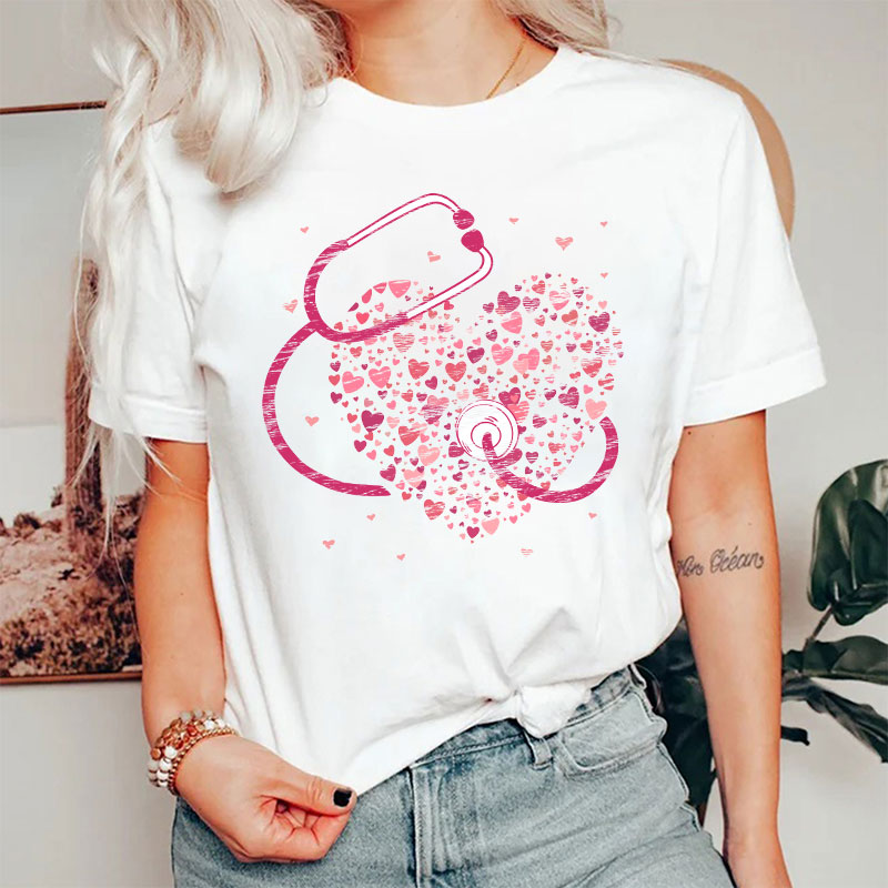 Pink Stethoscope And Hearts Nurse T-Shirt
