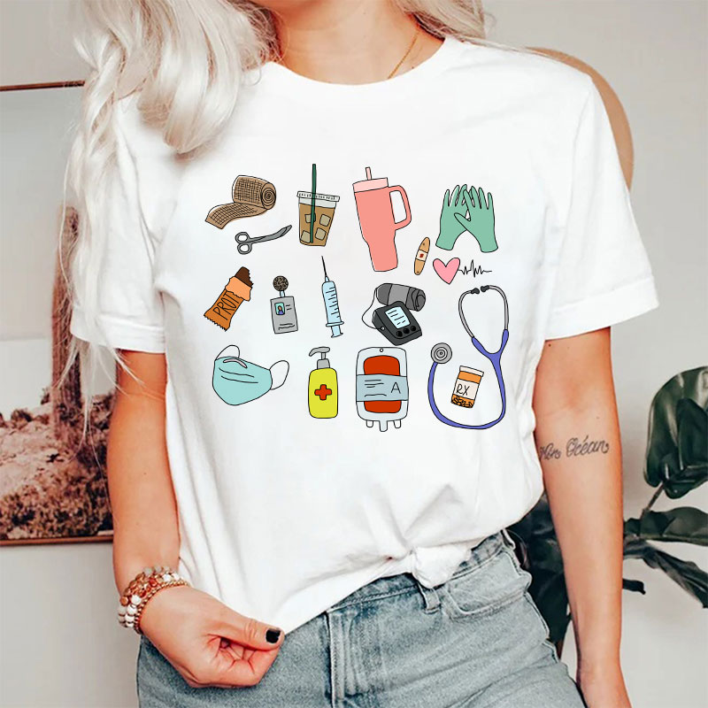 Stethoscope Coffee Mask Syringe Phone Nurse Daily Nurse T-Shirt
