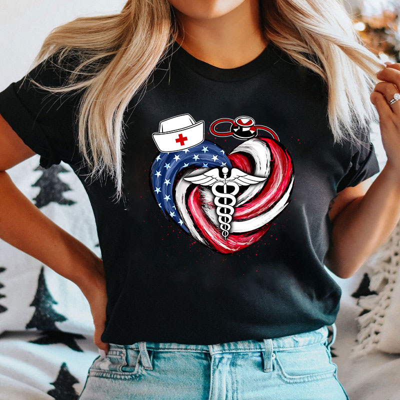 Heart-Shaped Stars And Stripes Vortex Nurse T-Shirt