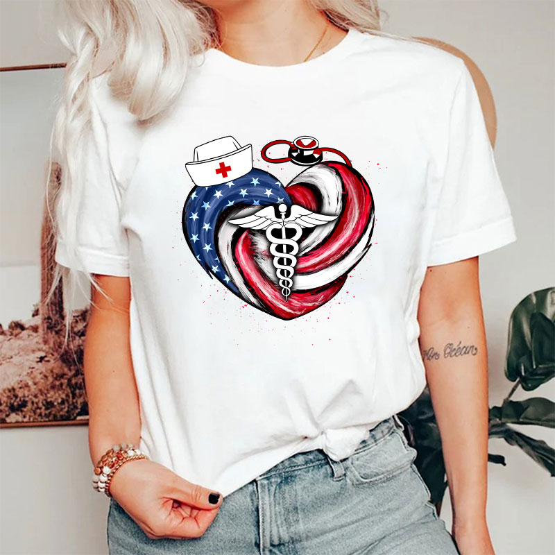 Heart-Shaped Stars And Stripes Vortex Nurse T-Shirt