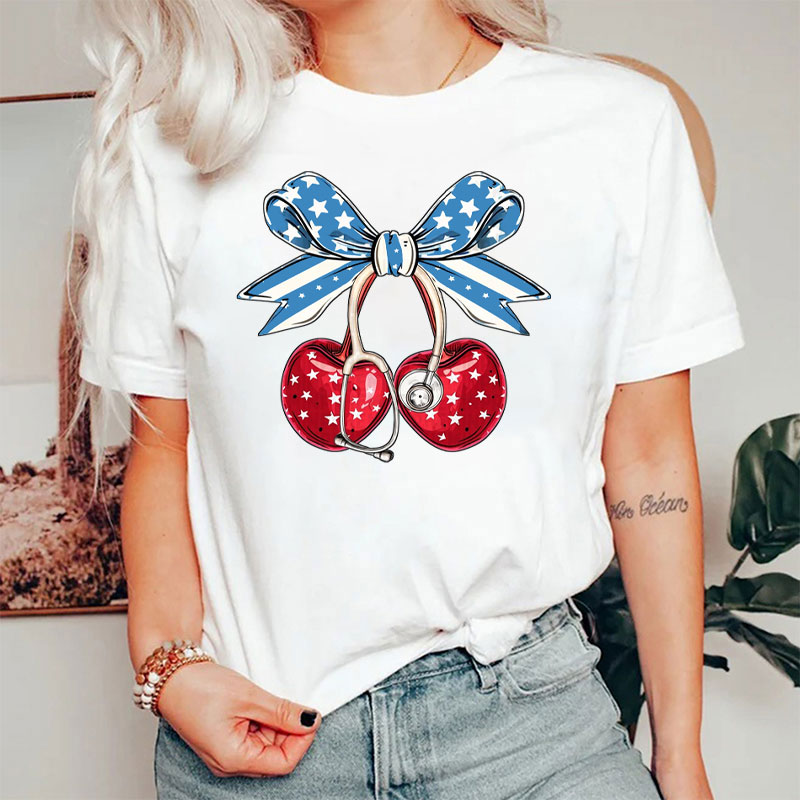 Cherry Coquette Bow 4th Of July Nurse T-Shirt