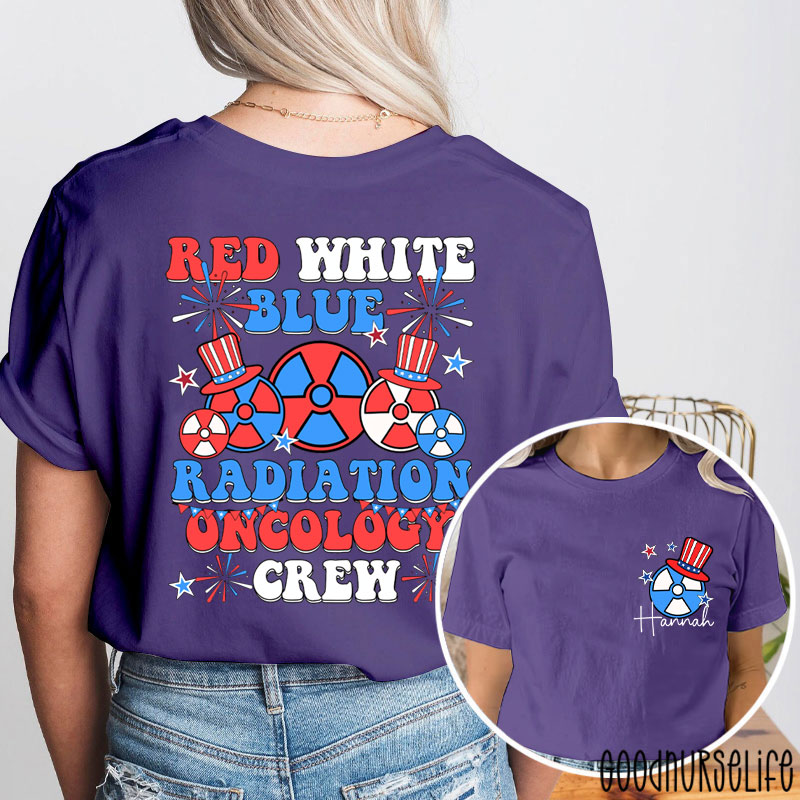 Personalized Red White Blue Radiation Oncology Crew Two Sided T-Shirt