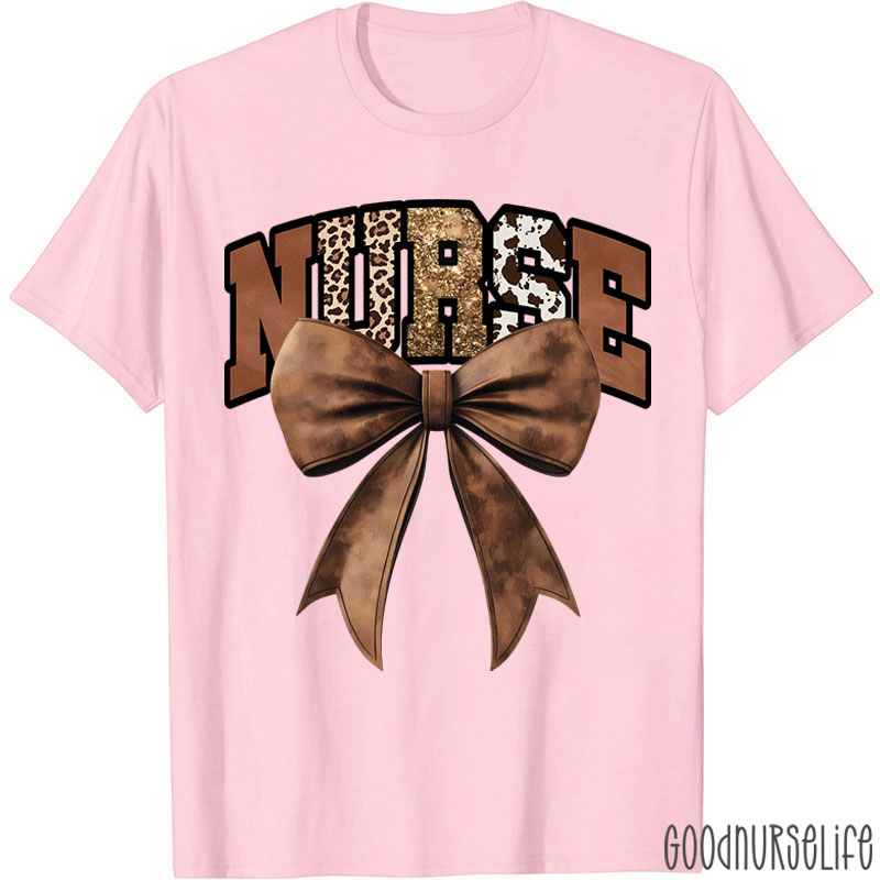 Western Gold Glitter Brown Leather Bow Nurse T-Shirt