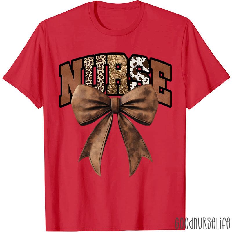 Western Gold Glitter Brown Leather Bow Nurse T-Shirt