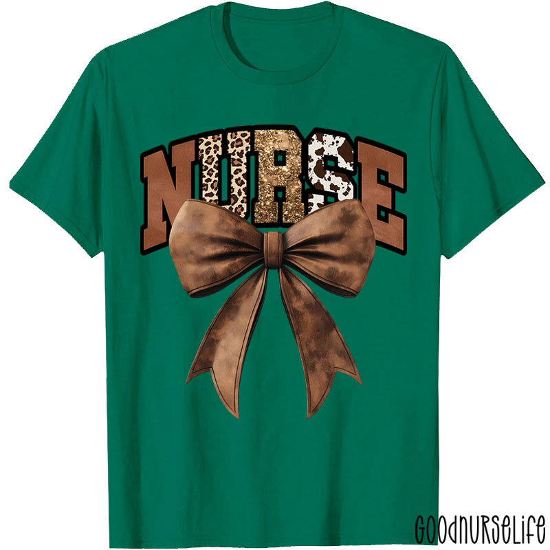 Western Gold Glitter Brown Leather Bow Nurse T-Shirt