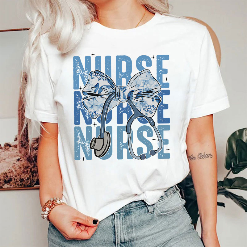 Blue Flowers Stethoscope Nurse T-Shirt
