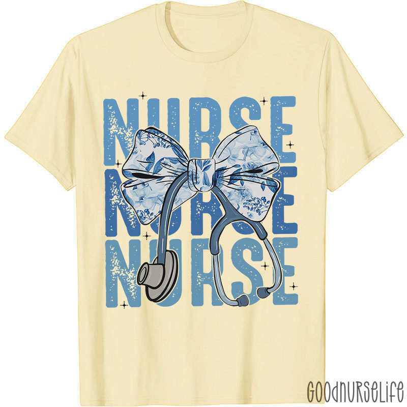 Blue Flowers Stethoscope Nurse T-Shirt