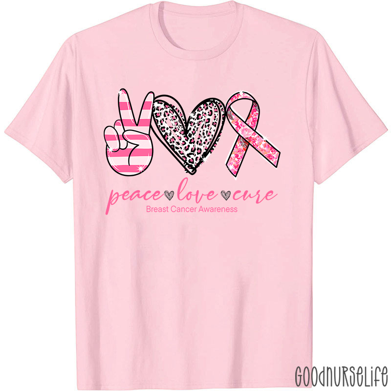 Heart Shape Peace Love Cure Breast Cancer Awareness T-Shirt
