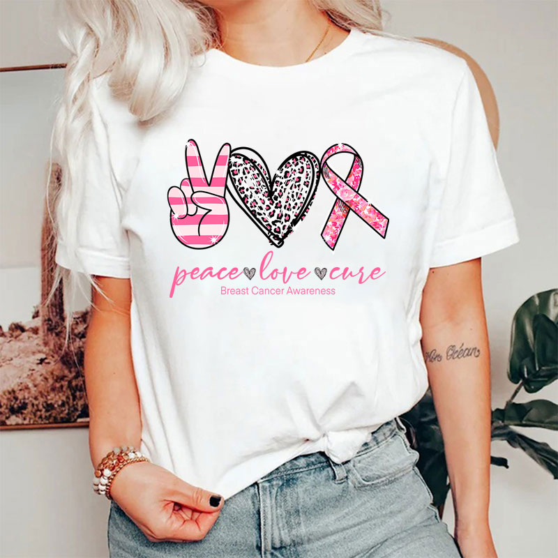 Heart Shape Peace Love Cure Breast Cancer Awareness T-Shirt