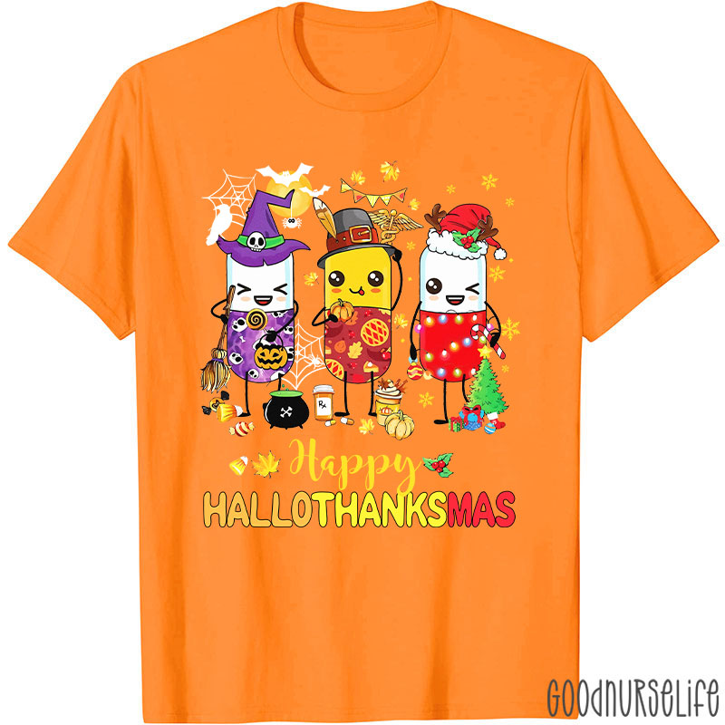Pharmacy Holiday HalloThanksMas Pill Characters T-Shirt