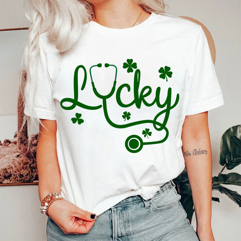 Lucky Stethoscope Four Leaf Clover Nurse T-Shirt