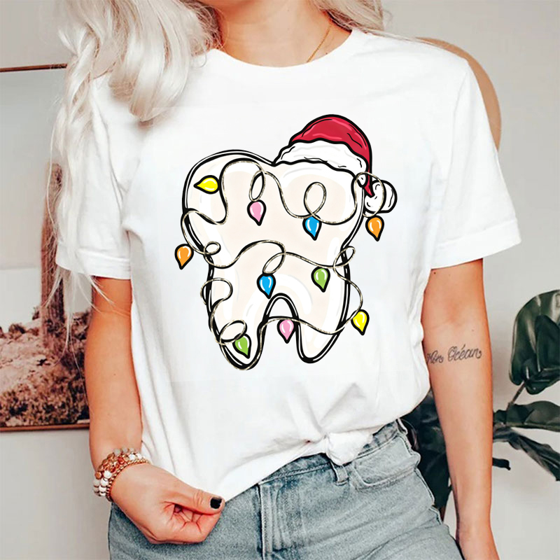 Tooth With Santa Hat And Christmas Fairy Lights T-Shirt