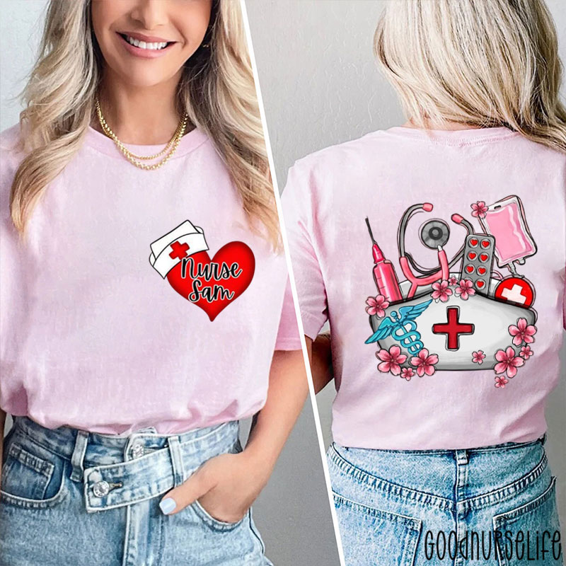 Nurse Hat Floral Nurse Two Sided T-Shirt