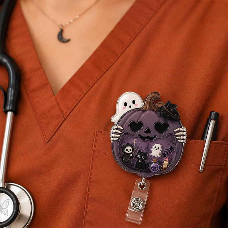 Halloween Pumpkin Ghost Nurse Shaker Badge Reel