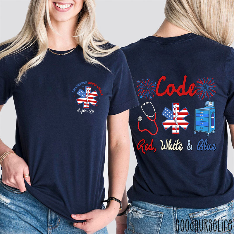 Personalized Name Code Red White And Blue Nurse Two Sided T-Shirt