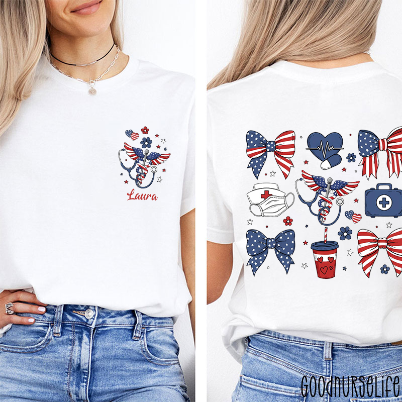 Personalized Name Coquette Bow 4th Of July Nurse Two Sided T-Shirt