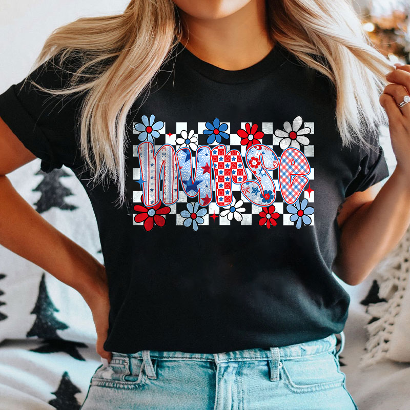 Patriotic Checkered Flowers Nurse T-Shirt